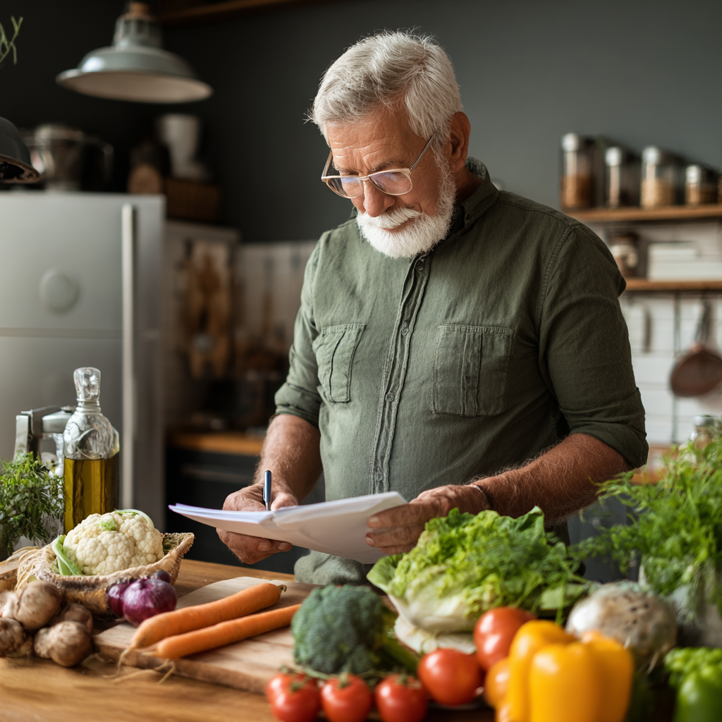 Older adult man reviewing weekly meal plan while preparing fresh ingredients in his kitchen
